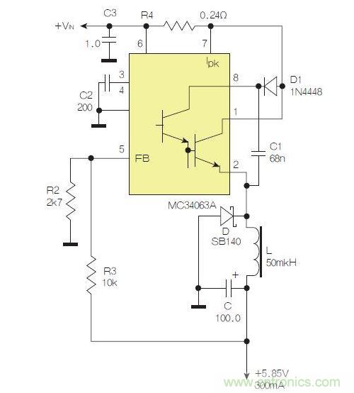 采用降壓配置中廣為使用的MC33063/MC34063的一個示例。
