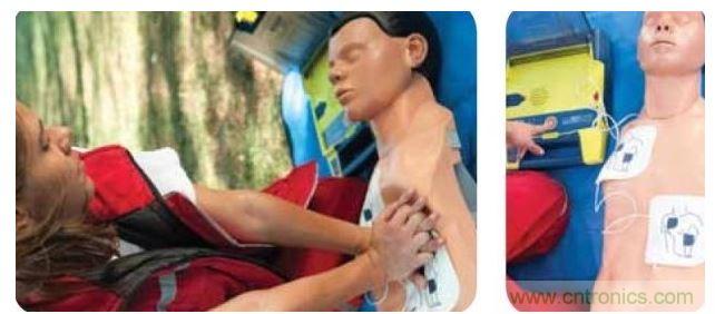 胸部按壓CPR(左圖)迫使血液循環(huán),為大腦及其它生命器官供血,直到AED重啟心臟(右圖)。