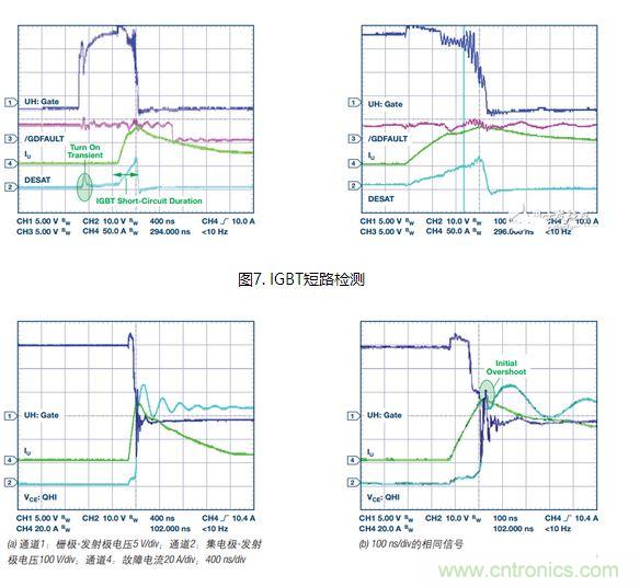 過流關(guān)斷時序延遲（通道1：柵極-發(fā)射極電壓10 V/div；通道2：來自 控制器的PWM信號5 V/div；通道3：低電平有效跳變信號5 V/div；100 ns/div）