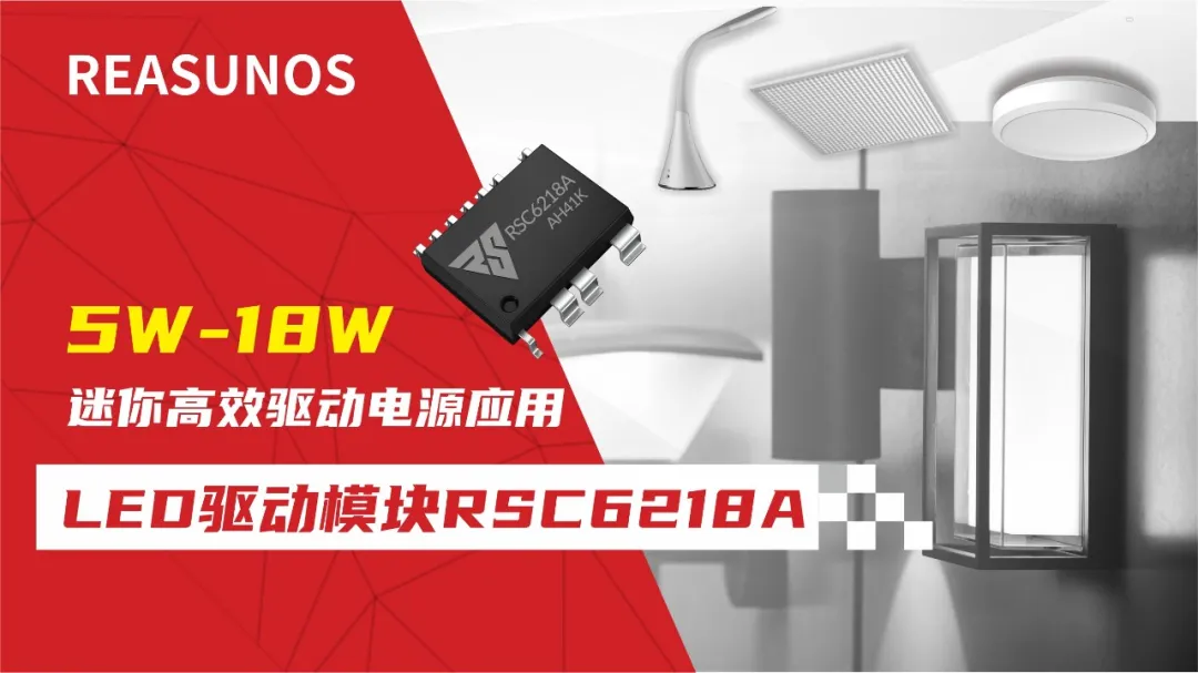 一、LED驅(qū)動模塊RSC6218A REASUNOS(瑞森半導(dǎo)體)通過持續(xù)投入研發(fā)，提升LLC應(yīng)用技術(shù)，集成控制芯片與功率轉(zhuǎn)換，成功推出新一代產(chǎn)品RSC6218A WSOP-16，延續(xù)瑞森LLC拓?fù)浞桨福瑫r機趨勢完全迎合我國雙碳政策，電氣特性契合新版國標(biāo)GB/T 17625.1-2022和歐盟新版ERP認(rèn)證EU2019/2020雙重法規(guī)，專為中小功率的產(chǎn)品提供優(yōu)秀的方案；接下來會分幾個篇章持續(xù)介紹新方案產(chǎn)品的應(yīng)用資料和設(shè)計實例分享：  RSC6218A功率模塊內(nèi)部集成CS-CP-LLC電源半橋模塊和功率轉(zhuǎn)換模塊，延續(xù)瑞森主題設(shè)計方向單級實現(xiàn)高PF無頻閃技術(shù)和LLC諧振軟開關(guān)技術(shù)方案：該型號適用于5-18W功率段；具備高轉(zhuǎn)換效率(90%+)，高PF(>0.96)，低THD(<10%)，小型化(縮小PCB面積10-25%)，通過優(yōu)化產(chǎn)品內(nèi)部設(shè)計提升產(chǎn)品內(nèi)部功率器件的開啟與關(guān)閉性能，避免干擾發(fā)生，最高工作頻率達(dá)200KHZ，實現(xiàn)WSOP-16封裝兼顧散熱與小型化；并且內(nèi)部可自動設(shè)置死區(qū)時間，讓方案可靠易設(shè)計。 產(chǎn)品可廣泛應(yīng)用于： 1.護(hù)眼系列燈具：如教室燈、辦公燈、護(hù)眼臺燈、壁燈、閱覽室燈等； 2.家居類燈具：如客廳燈、臥室燈、兒童房燈、廚房燈、走廊燈等； 3.軌道類燈具：地鐵照明、高鐵照明、隧道照明、車站照明等； 4.商照類燈具：筒燈、射燈、投射燈、 亮化燈、防爆燈等； 方案起到提供高效，穩(wěn)定，長壽命的作用。 二、產(chǎn)品功能框架  三、IC各PIN腳功能說明  PIN1 PGND 功率地，內(nèi)部是連接低邊MOS的S端地線； PIN2  NC  PIN3  HS 半橋MOS低邊漏極PIN； PIN4  HS 半橋MOS低邊漏極PIN； PIN5  HS 半橋MOS高邊源極PIN； PIN6  HS 半橋MOS高邊源極PIN； PIN7  NC  PIN8  HO 半橋MO高邊漏極； PIN9  HO 半橋MOS高邊漏極； PIN10 HB 半橋驅(qū)動高邊電源，通過外置的一個二極管與電容組成自舉回路，為高邊 MOS 的開啟提供電平； PIN11 VIN 高壓啟動的輸入腳，最高耐壓可達(dá)DC600V，啟動電流在1.7mA，一般應(yīng)用是從高壓電解處串接一個1206100K電阻引到PIN1，在整個環(huán)路還未建立起來時，是靠這個引腳的供電通過內(nèi)部連接到PIN6VCC，然后把VCC電容慢慢充電到芯片的啟動電壓后，芯片開始工作。整個環(huán)路建立起來后，VIN腳內(nèi)部關(guān)斷，VCC 通過外部變壓器輔助繞組供電維持正常工作； PIN12  VCC 信號電源引腳， 工作電壓范圍 8-20V，工作電流在 0.8mA，靜態(tài)工作電流是 720uA； PIN13  NC DT懸空腳； PIN14 FB  電壓反饋輸入，VFB中心值是1.2V，該引腳的功能主要是限定空載電壓的最大幅度，該芯片空載保護(hù)屬于打嗝模式，可以有效降低空載損耗，能效要求輕松符合小于0.5W的要求； PIN15  CS 電流采樣正弦波信號輸入該PIN腳是通過線路中的互感電感采樣得到全波的正弦波信號， 通過電阻轉(zhuǎn)換為電壓信號后，輸入到CS PIN腳， 內(nèi)部連接到壓控振蕩器，根據(jù)輸入進(jìn)來的電壓幅值大小，以及正弦波的頻率，壓控振蕩器輸出對應(yīng)的方波來控制LG與HG端的MOS開關(guān)頻率，實現(xiàn)恒流調(diào)節(jié)控制； PIN16  AGND 信號地參考電平，主要連接 VCC，F(xiàn)B 對應(yīng) PIN 腳的元件地線。 四、關(guān)鍵PIN腳參數(shù)設(shè)定范圍  五、典型應(yīng)用原理圖  關(guān)注瑞森半導(dǎo)體公眾號，接下來持續(xù)分享具體案例的設(shè)計參考文檔，攜手各伙伴們實現(xiàn)新版國標(biāo)GB/T17625.1-2022的順利達(dá)標(biāo)，為工程師縮短開發(fā)周期，讓工廠端得到滿意的產(chǎn)品，給客戶一個滿意的答卷，得到需要的利潤空間。